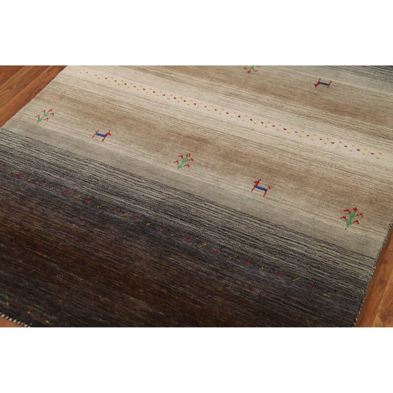 Stripe Brown Gabbeh Indian Rug Handmade Wool Carpet - 4'1" x 5'10"