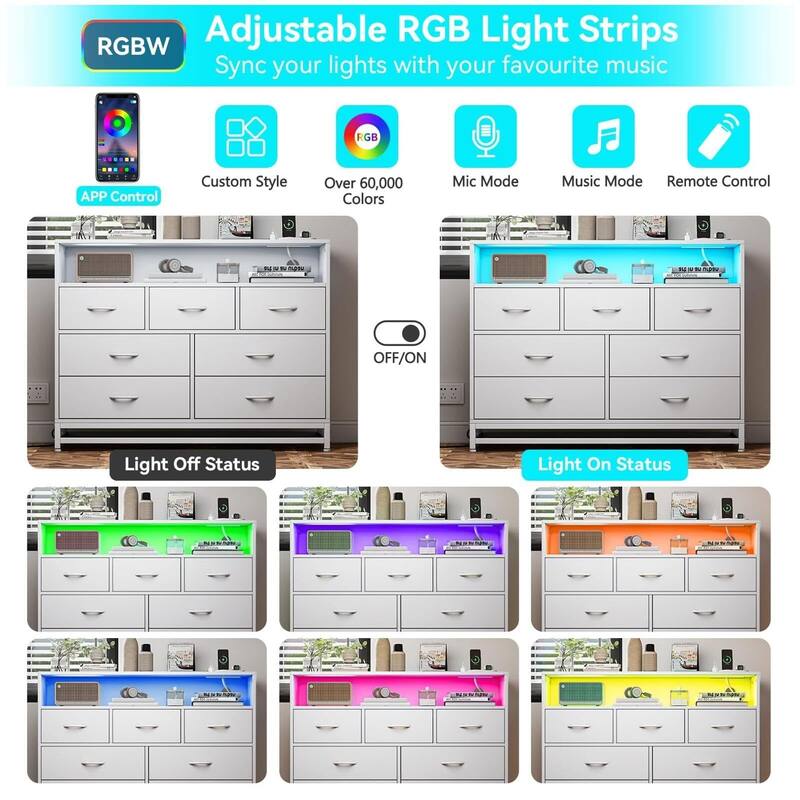Modern 7-Drawer Dresser with Charging Station and LED Lights