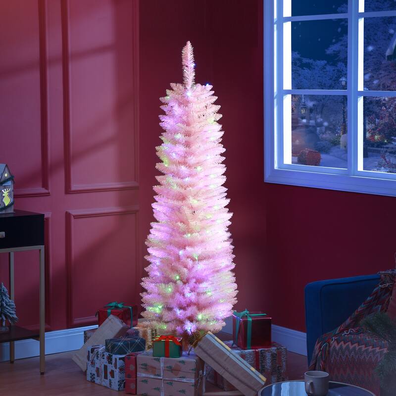 HOMCOM Pre-Lit Pencil Christmas Tree - Colorful Surface Branches, LED Lights, Pink