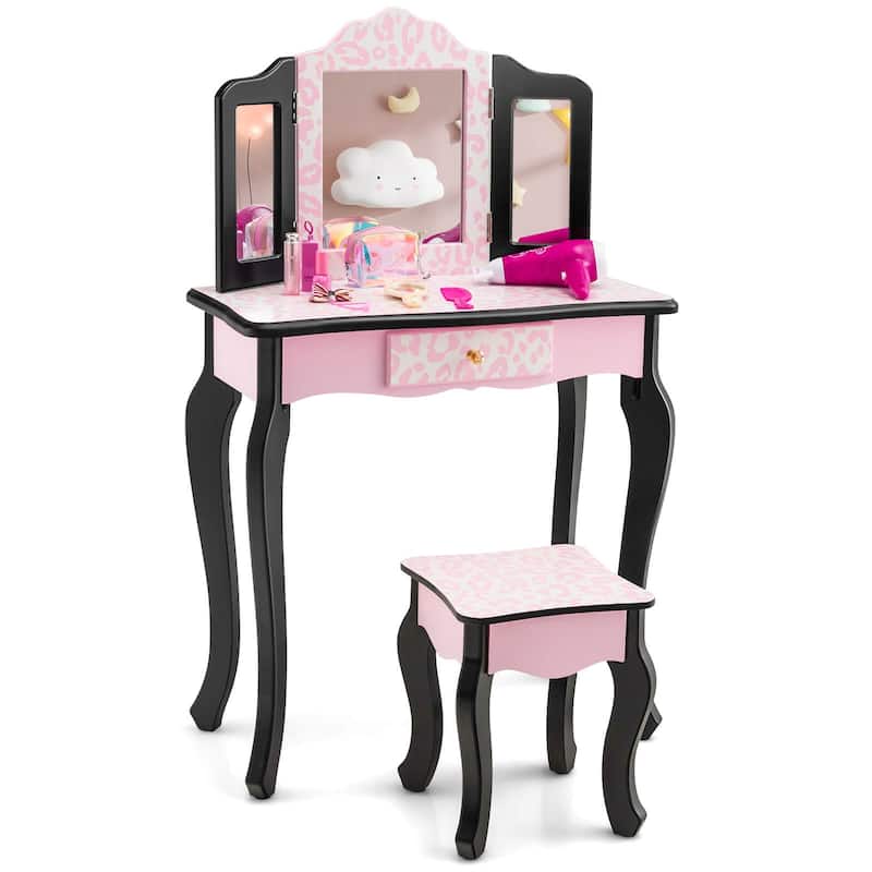 Pink MDF Vanity Set with Removable Tri-Folding Mirror and Leopard Print Perfect Gift for Kids - 24" x 11" x 38.5" (L × W × H)