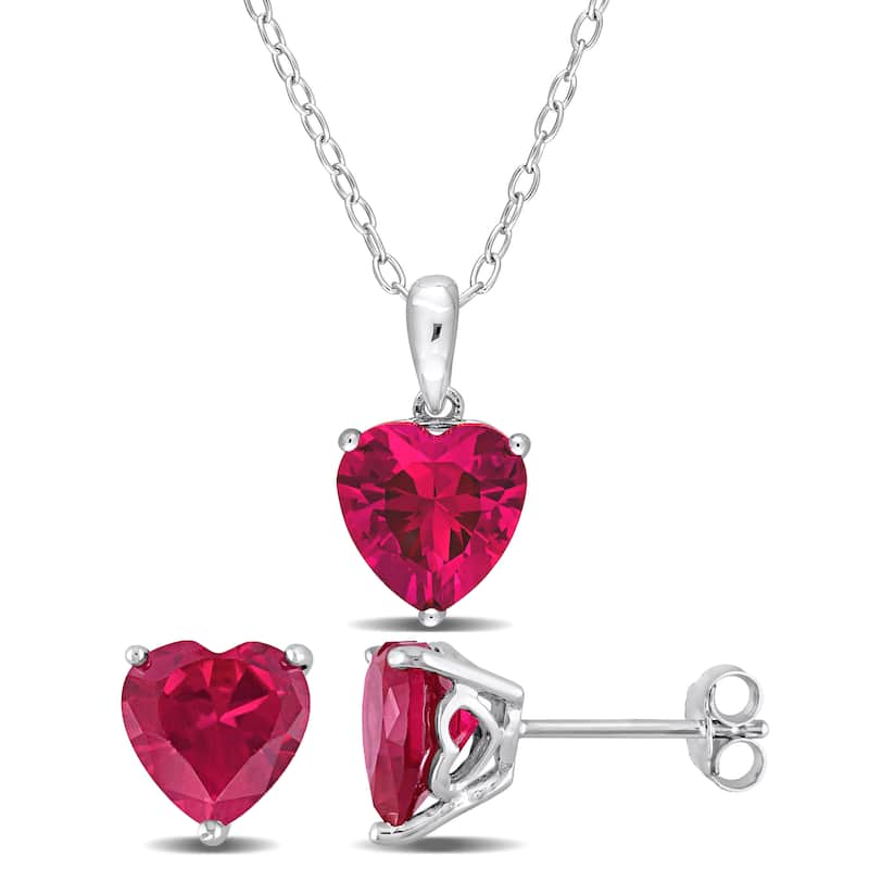 Miadora 8 1/2ct TGW Heart-Shape Created Ruby Set of Necklace and Earrings in Sterling Silver
