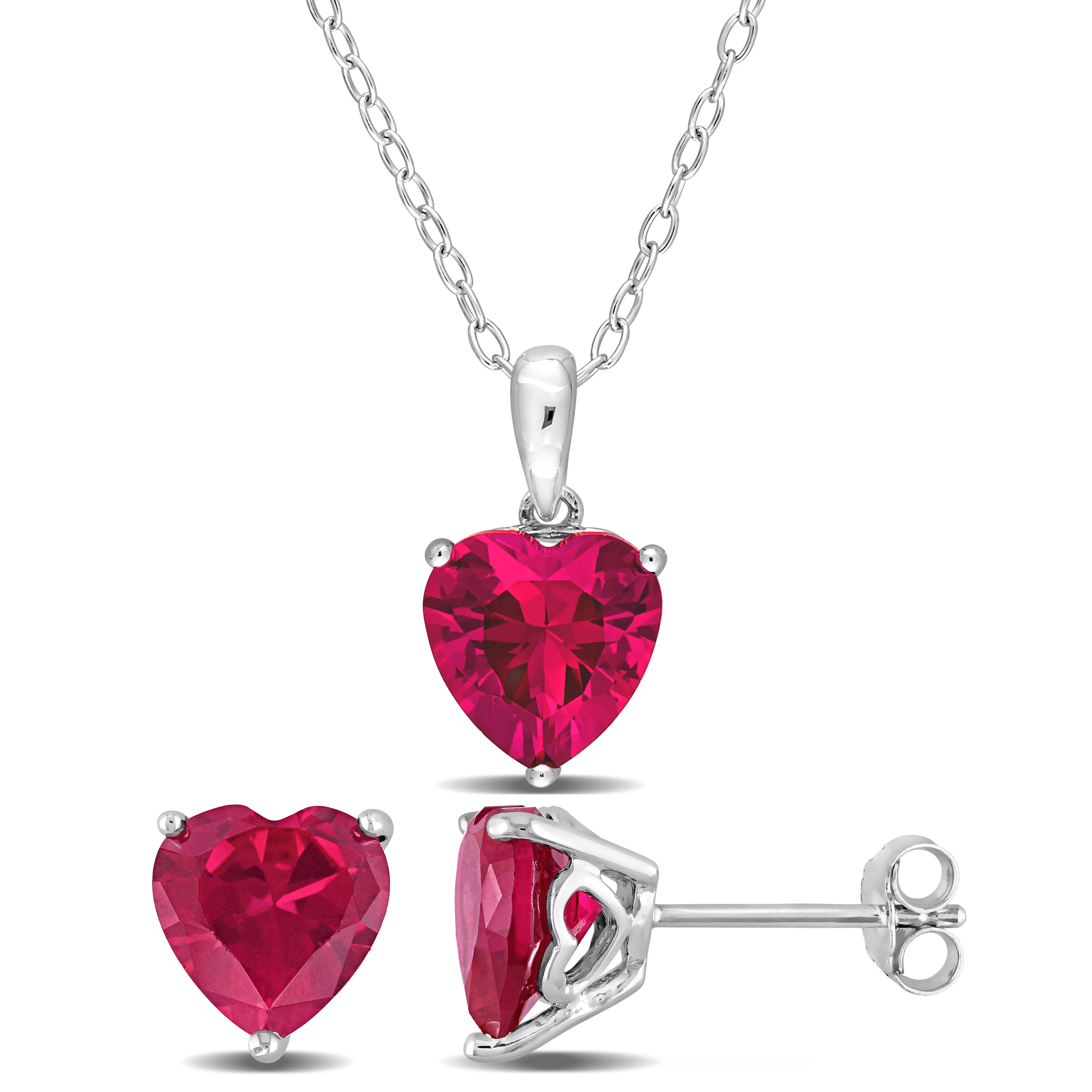 Miadora 8 1/2ct TGW Heart-Shape Created Ruby Set of Necklace and Earrings in Sterling Silver