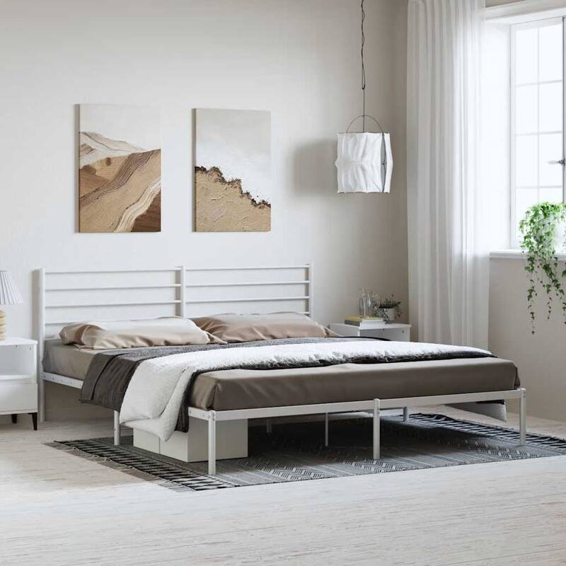 vidaXL Metal Bed Frame with Headboard, No Mattress - White 1 - King
