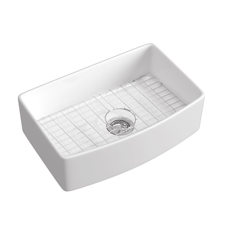 Premium White Fireclay Curved Apron Front Kitchen Sink for Home, Farmhouse (Grid & Strainer Included)