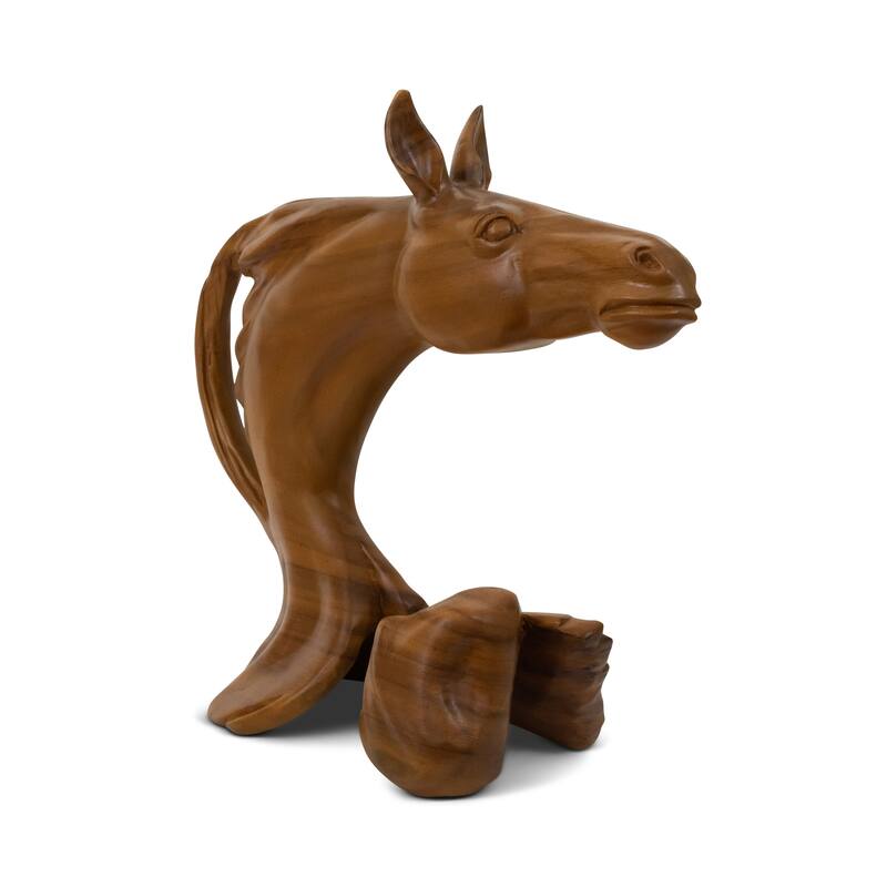 17" Wooden Solid Hand Carved Horse Head Abstract Sculpture Art Statue Handcrafted Handmade Home Decor Accent Wood Decoration