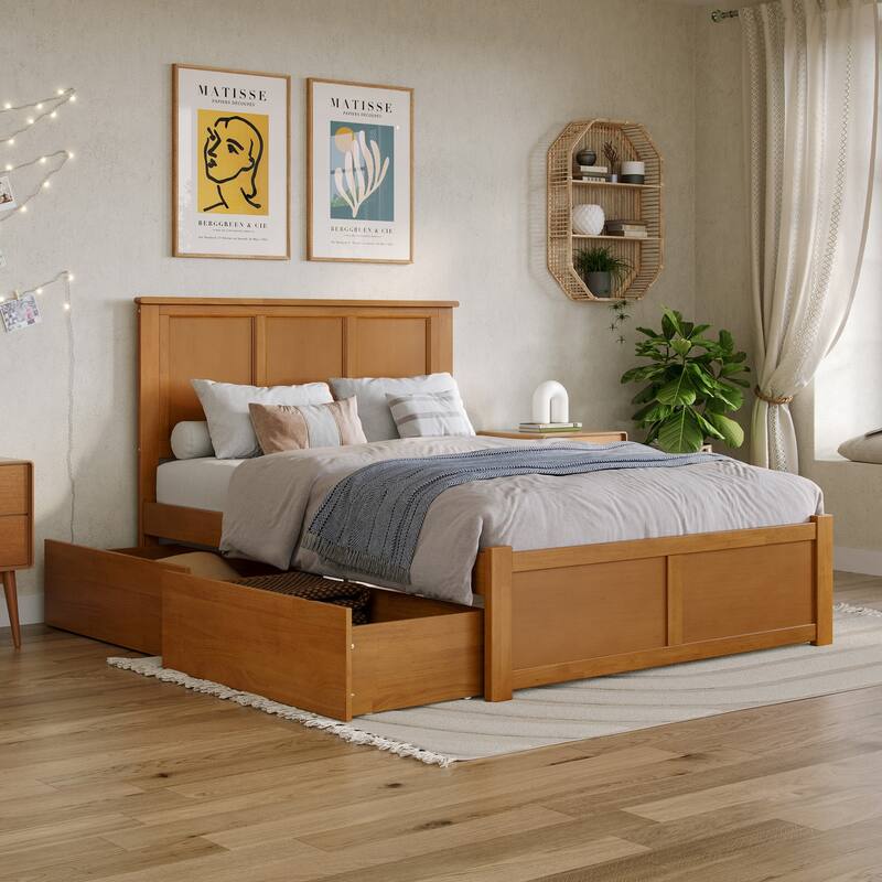 Solid Wood Platform Bed with Footboard & Storage - Full Size Bed Frame, Light Toffee Finish