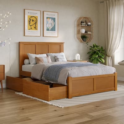 Solid Wood Platform Bed with Footboard & Storage - Full Size Bed Frame, Light Toffee Finish