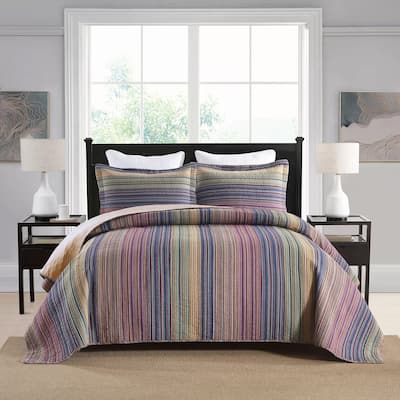 MarCielo 3 Piece 100% Cotton Striped Quilt Set Lightweight Patchwork Bedspread