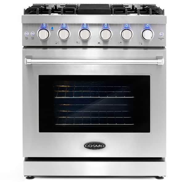slide 2 of 18, Cosmo 30 in. Freestanding Gas Range with 5 Sealed Burners and 4.5 cu. ft. Convection Oven in Stainless Steel