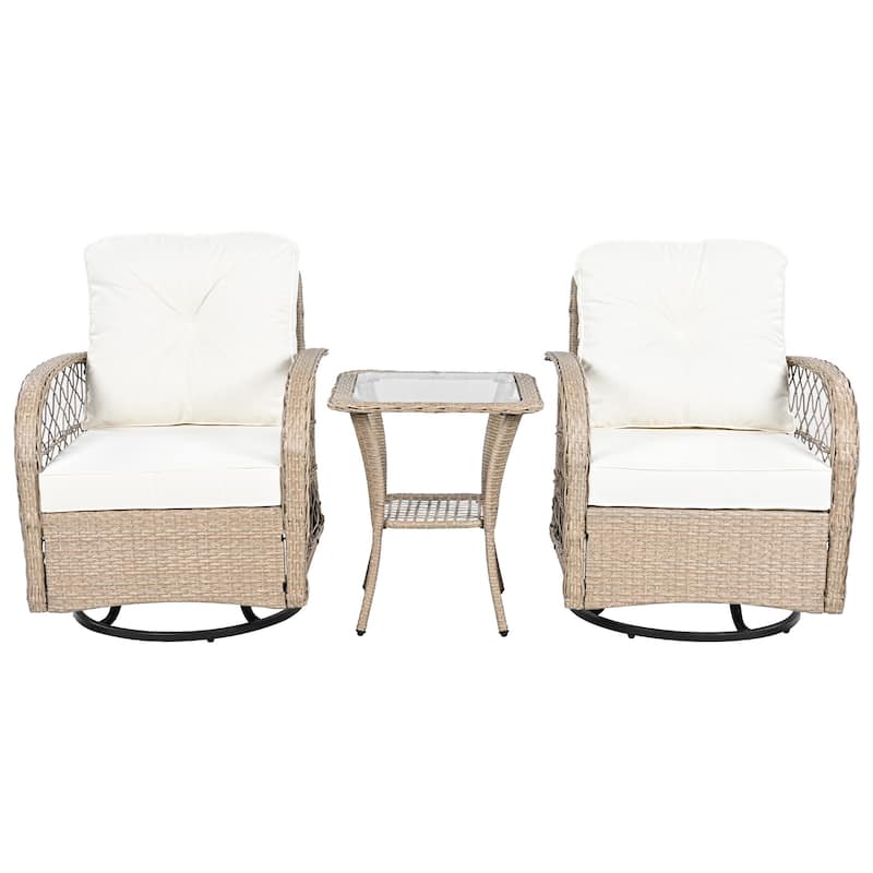 3-Piece Outdoor Chair Table Set Chat with Square Table & 2 Swiveling Chairs Set 2-person Rattan Seating Group for Garden