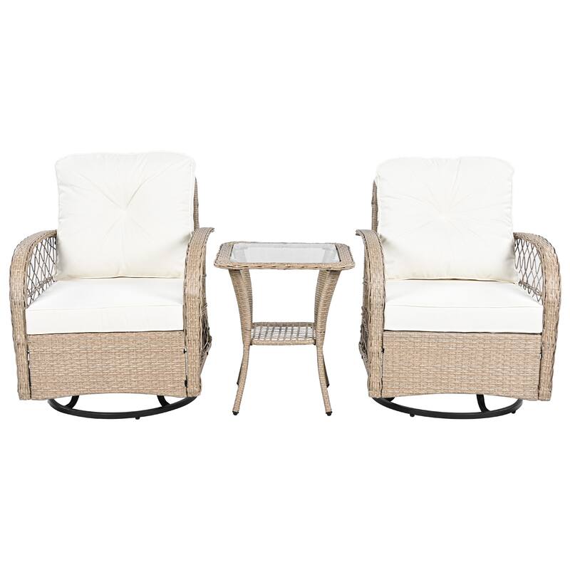 3-Piece Outdoor Rattan Seating Group with 2 Swivel Chairs & 1 Square Table
