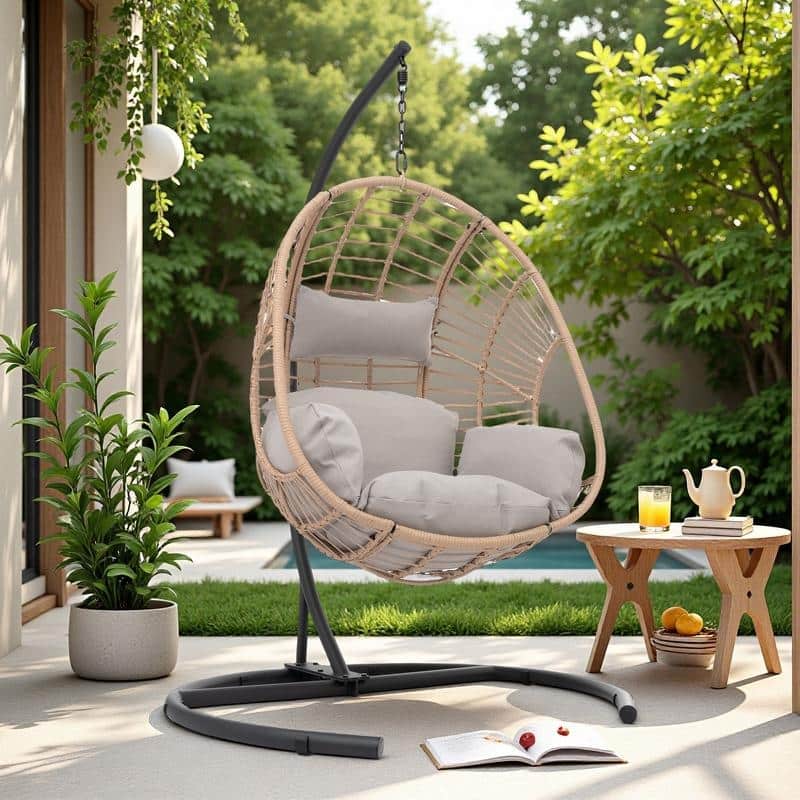 Wicker Swing Egg Chair - Indoor/Outdoor Hanging Chair with Beige Cushion and Stable Base (Handwoven PE Rattan Design) - Natural