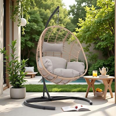 Wicker Swing Egg Chair - Indoor/Outdoor Hanging Chair with Beige Cushion and Stable Base (Handwoven PE Rattan Design)