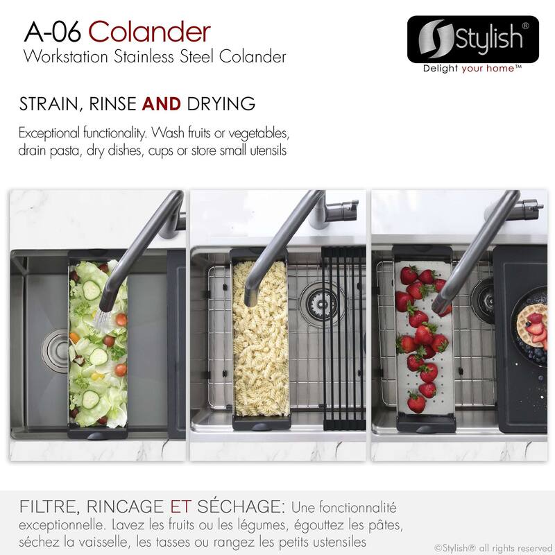 STYLISH Stainless Steel Over the Sink Colander with Non-slip Handle - External Size: 16 7/8" L x 5 1/2" W x 2 1/4" D