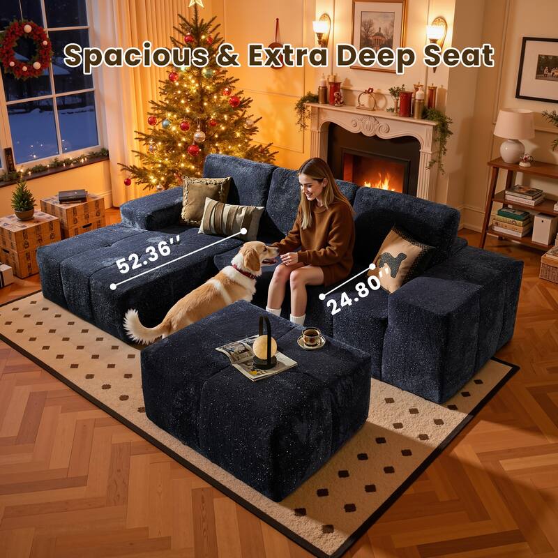 HOOOWOOO Modern Sparkly Velvet Fabric Chaise Sofa Couch with Ottoman