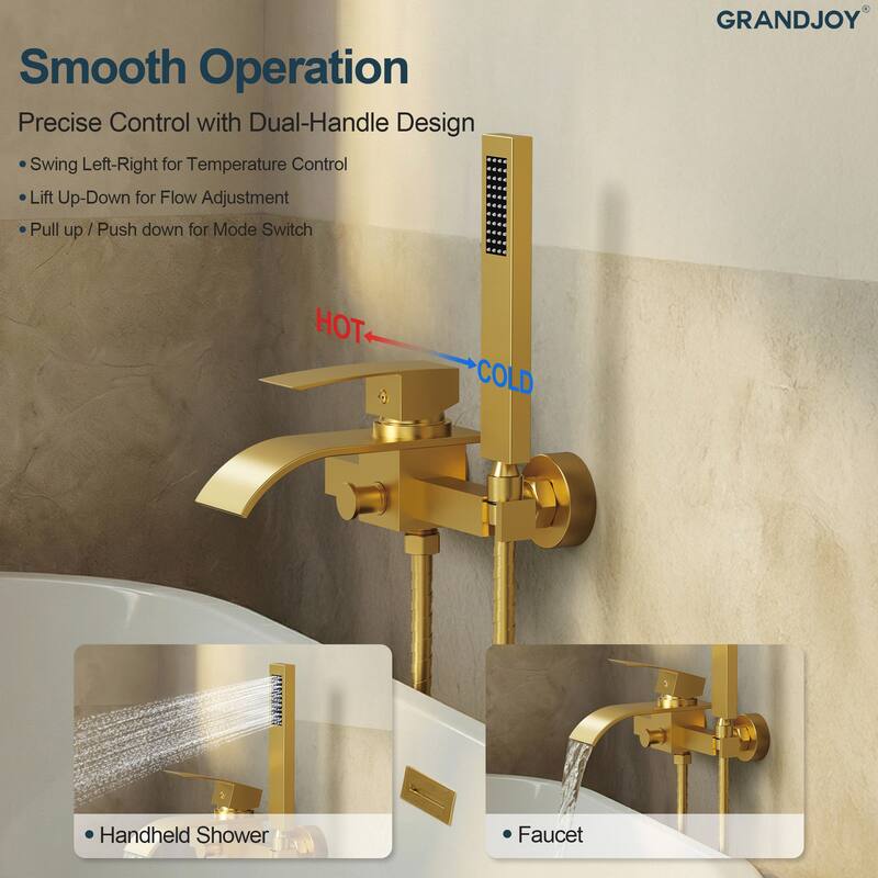 GRANDJOY Wall-mount Waterfall Bathtub Faucet with Handheld Shower