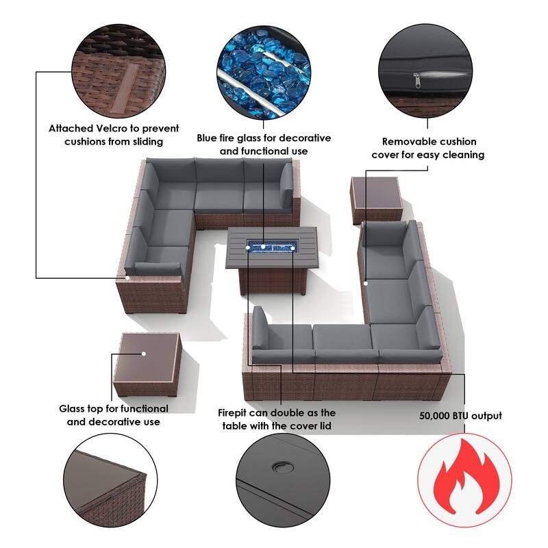 13 Piece Wicker Set Patio Sofa Furniture with Fire Pit And Table