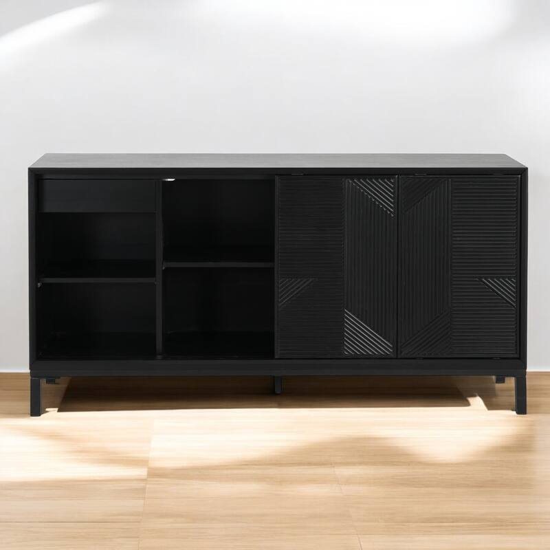 Modern Geometric Accent Cabinet with Sliding Doors and Two Drawers, High-Quality Wood Veneer Top, Sturdy MDF Construction