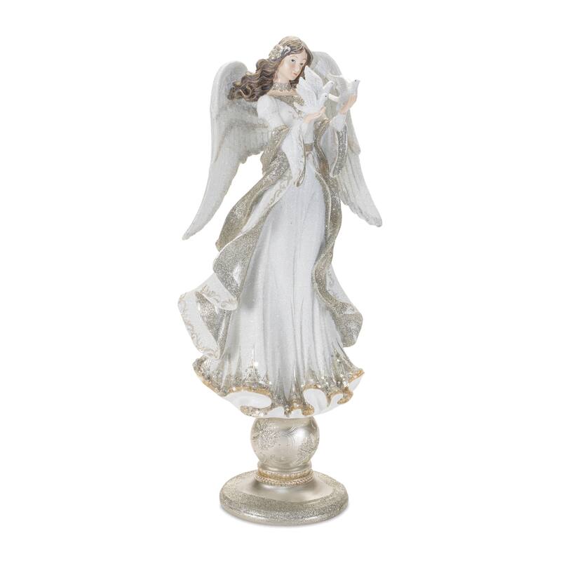 20" Tall White and Gold Resin Angel Statue with Dove Holiday Figurine for Festive Home Decor - 8.25”L x 6”W x 20.5”H