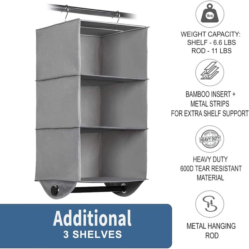 Hanging Closet Organizers with 3 Shelves - Closet Storage and RV Closet Organizer - Grey / Black