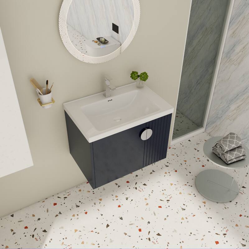 Floating Bathroom Vanity Cabinet with Pre-Drilled Ceramic Sink and Multiple Handle Options - 27.75in L