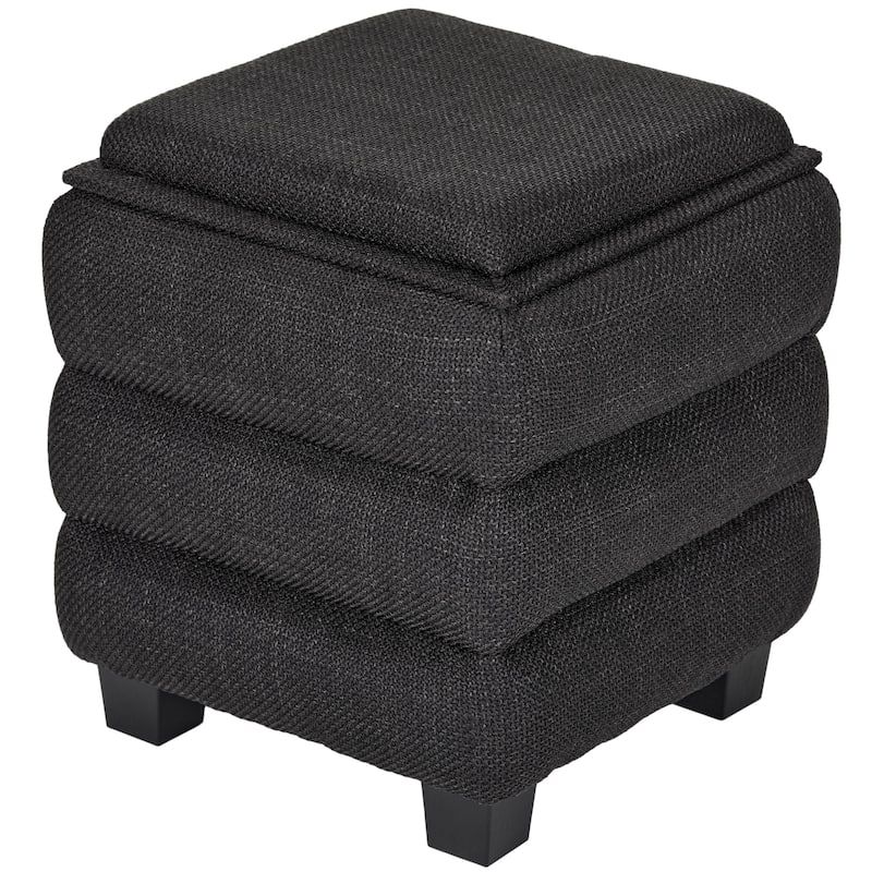 Modern Cube Ottoman with Tray Top and Hidden Storage Linen Seat - Black