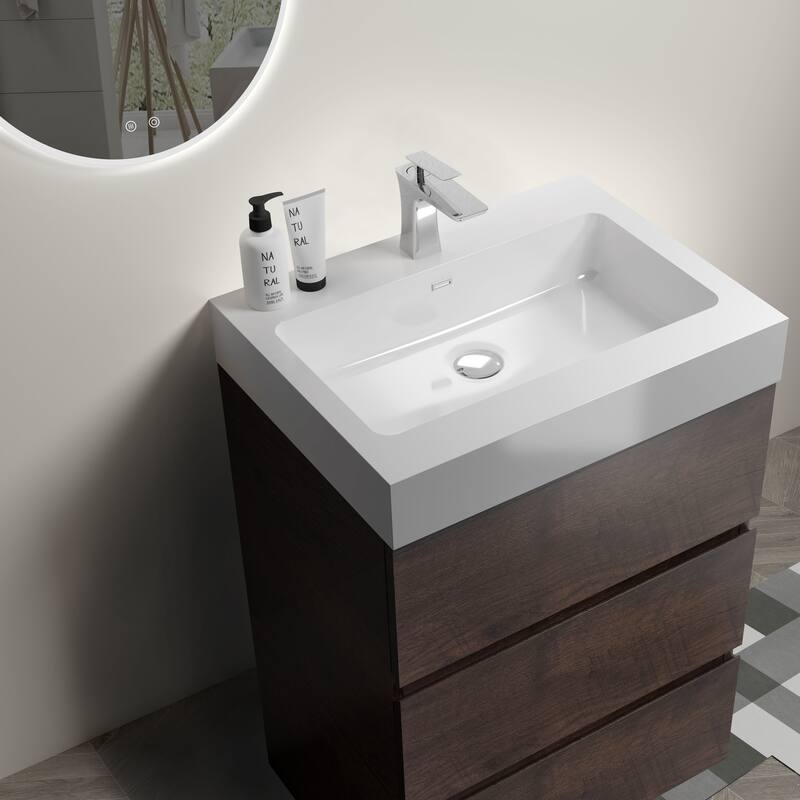 GDFStudio - Alice Walnut Freestanding Bathroom Vanity with One-Piece Matte Black Sink, Modern Handle-Free Design, Pre-Assembled