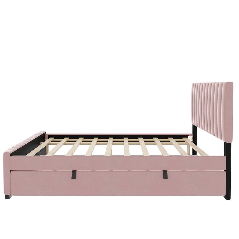 Pink Velvet Upholstered Full Bed with Twin Trundle, Space-Saving Design
