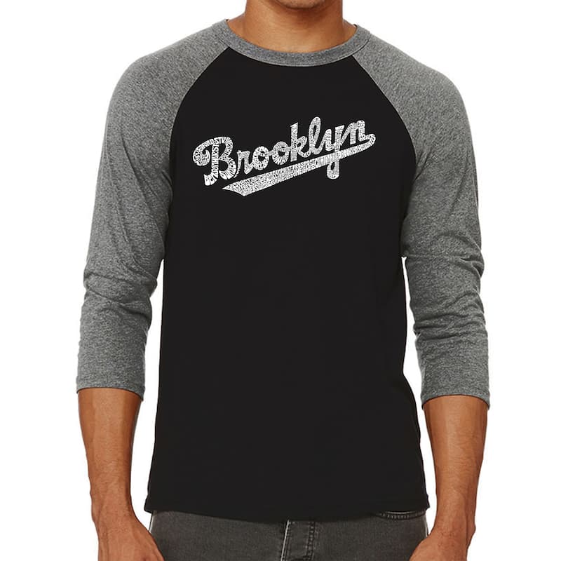 LA Pop Art Men's Raglan Baseball Word Art T-shirt - New Brooklyn - Black/Grey - XL