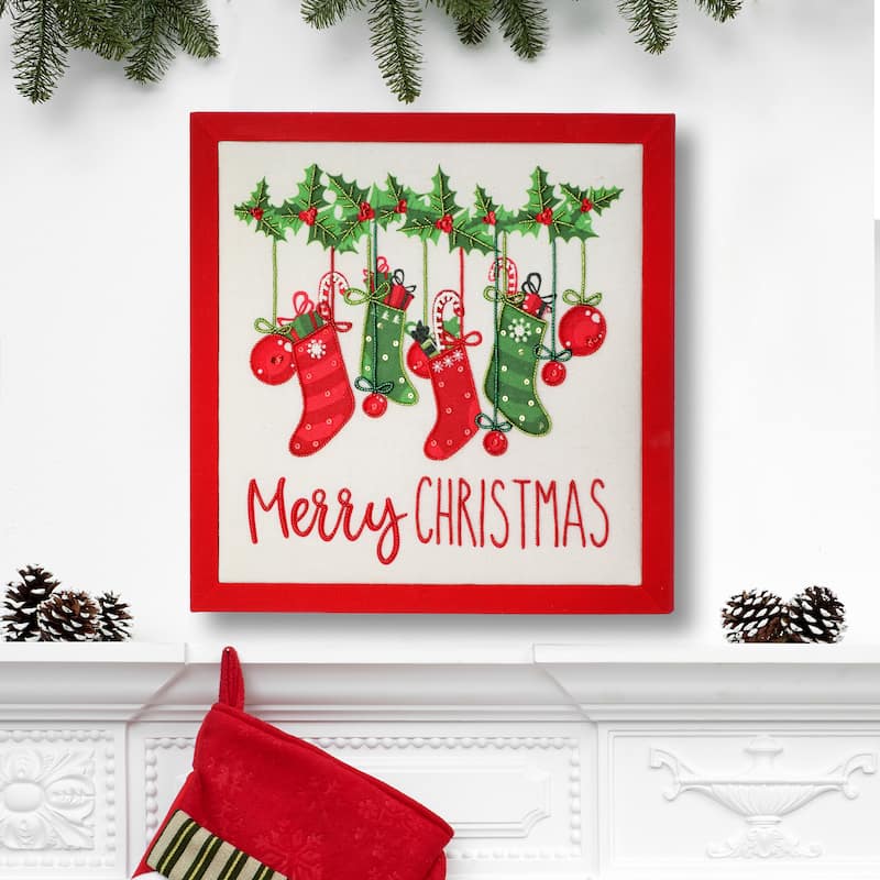 14x14"Mdf Embroidered Stockings Wall Art - 14" x 14"
