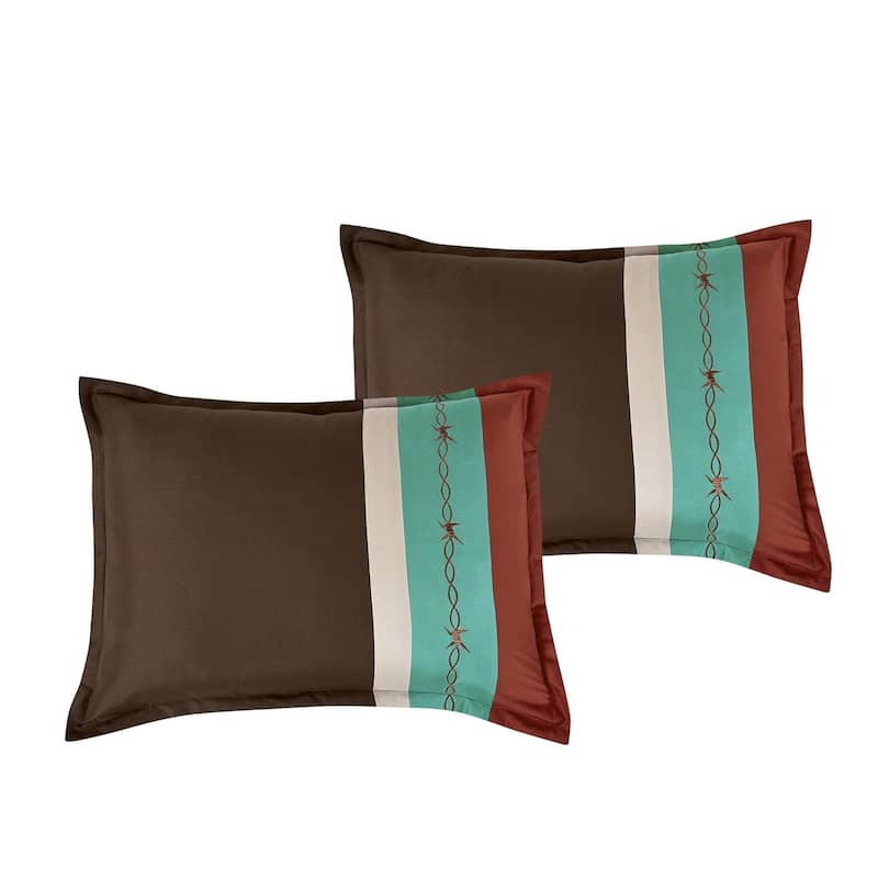 7 Piece Brown & Teal Geometric Striped Comforter Set Embroidery Soft Bedding