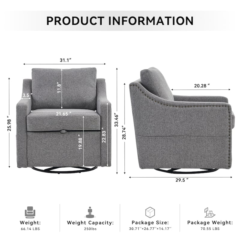 Linen Upholstered Swivel Accent Chair, Ergonomic Single Sofa Chair, Lounge Reading Chair with Nailhead Decor & Metal Base - Gray