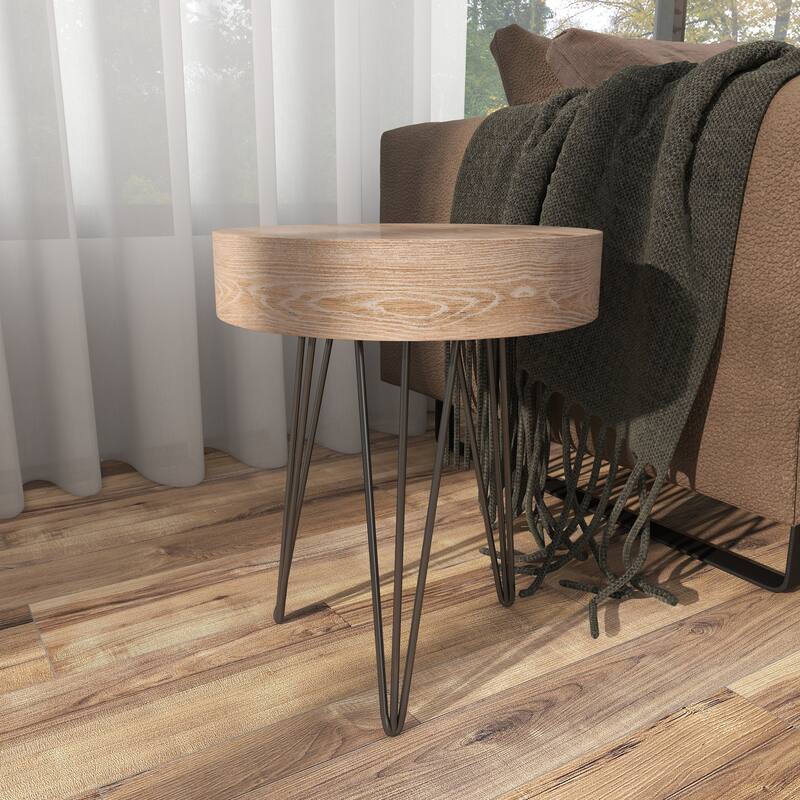 Brown Wooden Accent Table with Black Metal Hairpin Legs - 16 x 16 x 19Round