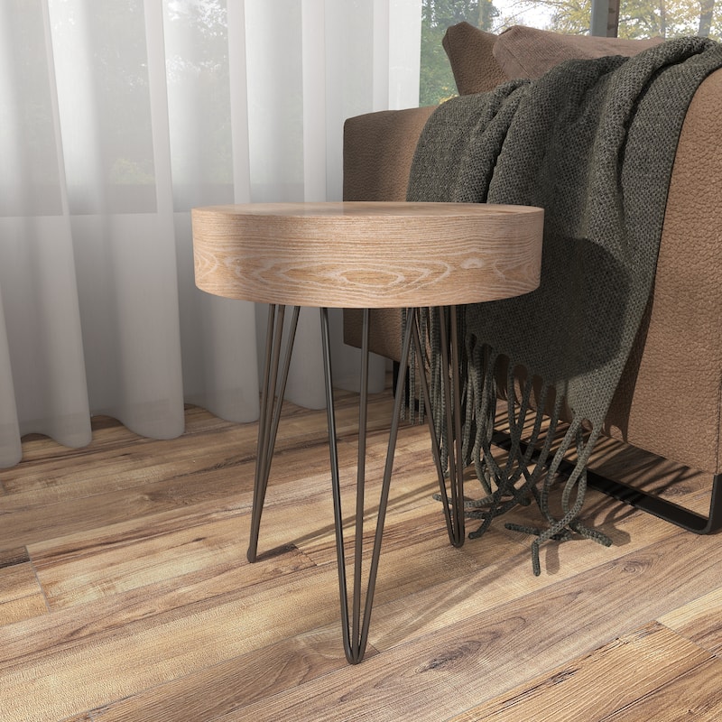 Wooden Round Accent Table with Black Metal Hairpin Legs - Brown - Roche River Decor