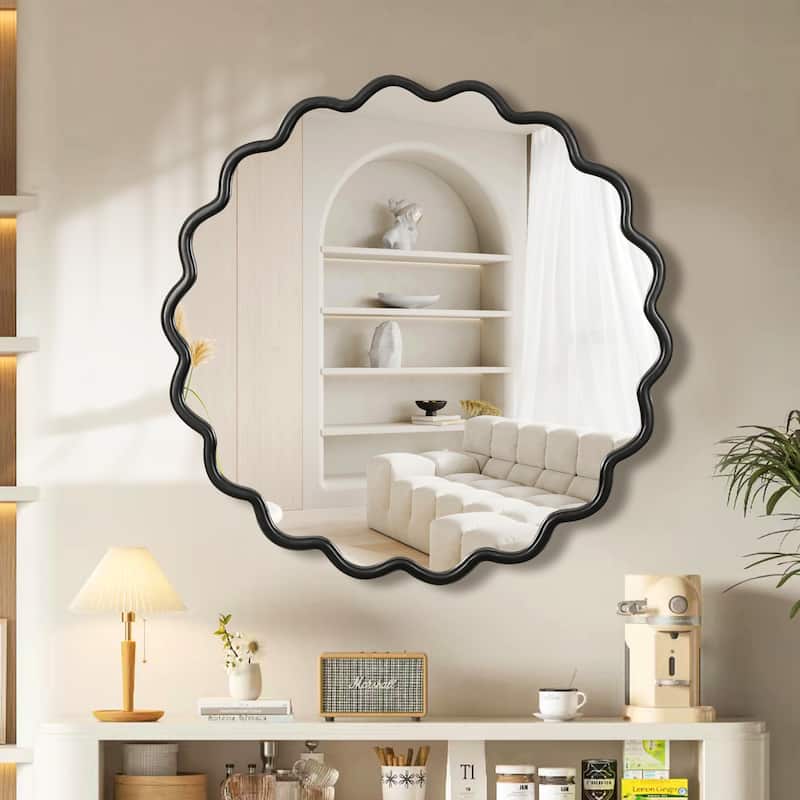 Mia Solid Wood Wavy Round Wall Mirror with HD Reflection and Artistic Frame Design by GDFStudio