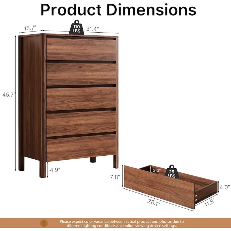 FURNIWAY Walnut Drawer Tall Dresser, Modern Chest with Hidden Handles, Storage Organizer