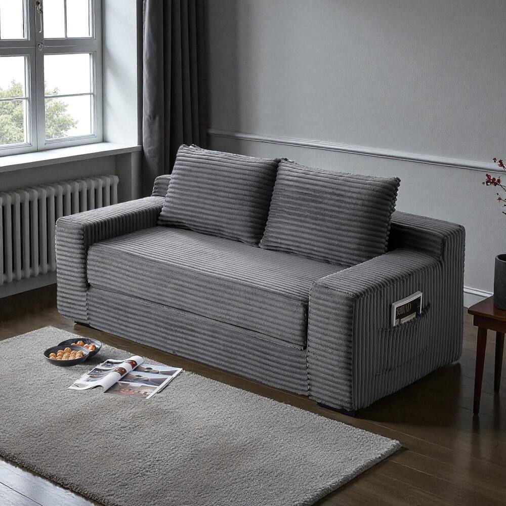 Memory Foam Cloud Loveseat, 2-in-1 Convertible Corduroy Folding Couch Bed, No-Assembly Floor Sofa with Storage Pockets