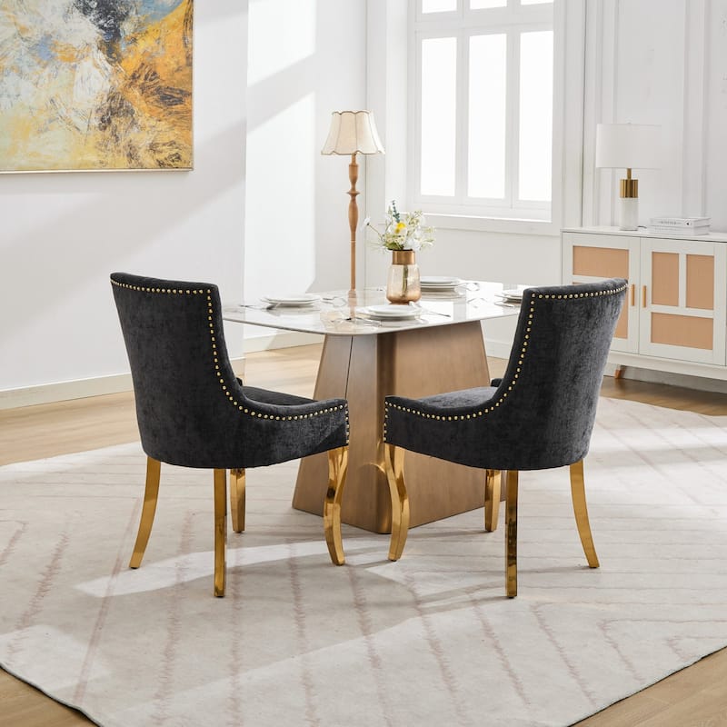 Chenille Dining Chairs, Modern Upholstered Accent Chair with Curved Gold-Plated Legs & Rivet Trim, Plush Fabric, Set of 2
