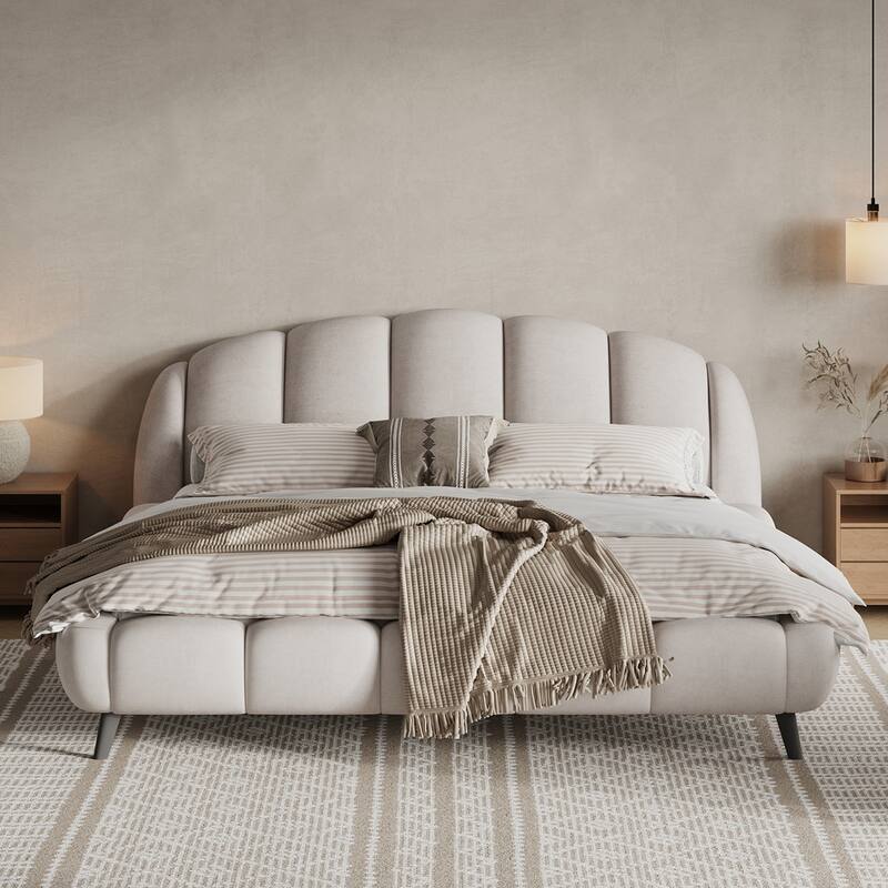 Chenille Fabric King Size Upholstered Platform Bed - King