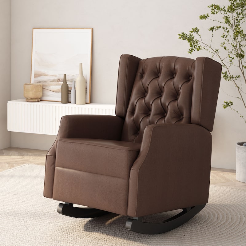 Modern 26.5" High Back PU Upholstered Button Tufted Rocking Chair with Wing Back for Living Room