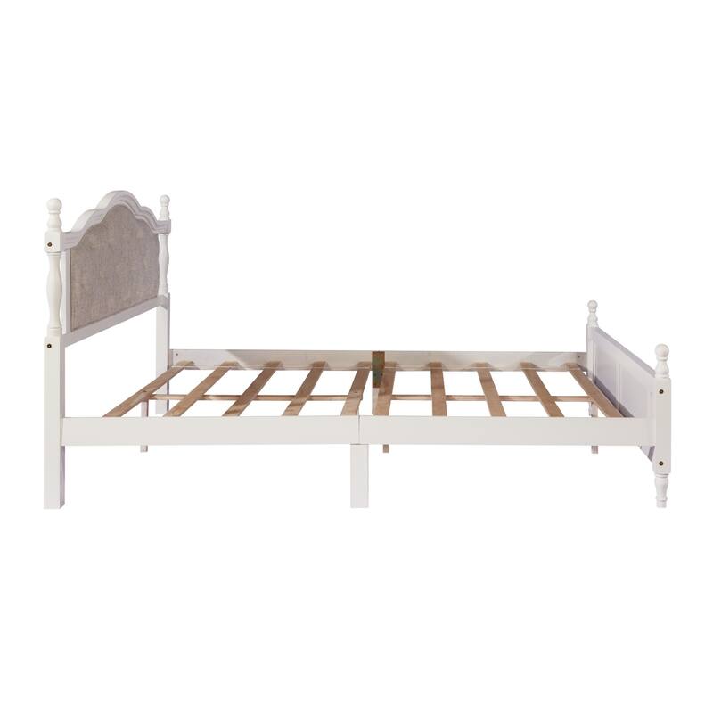 Solid Wood Queen Size Platform Bed Frame with Upholstered Headboard