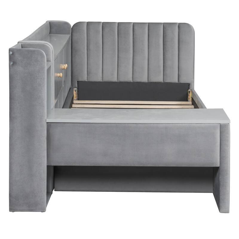 Twin Upholstered Daybed with Drawers, Shelves, Flip Cabinets & Side Table in Gray