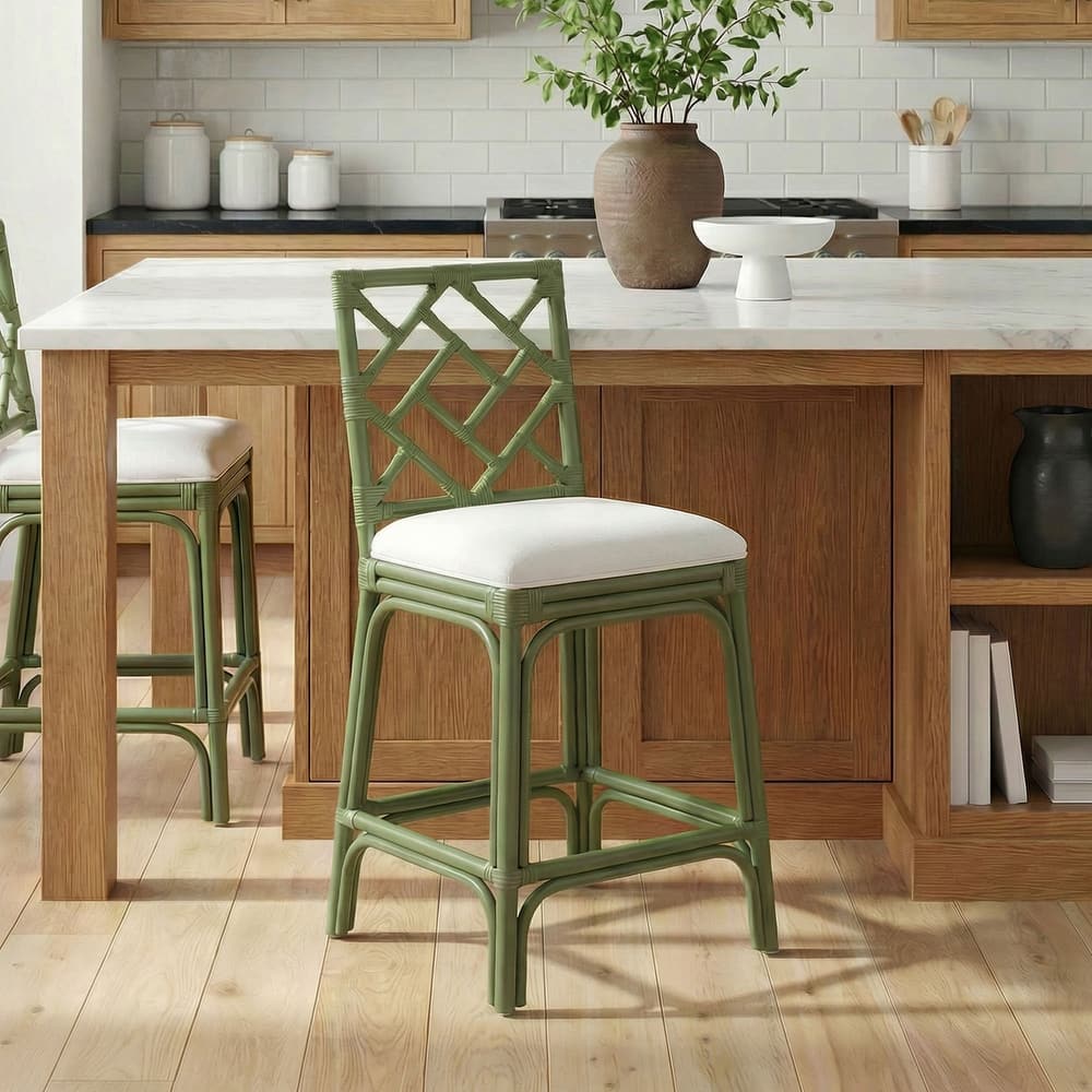 Natural Rattan Chippendale Bar Stool with Cushion by East at Main