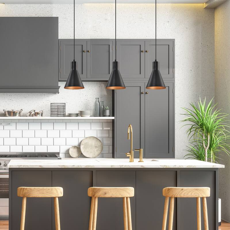 1-Light Matte Black Metal Cone Hanging Kitchen Pendant Light