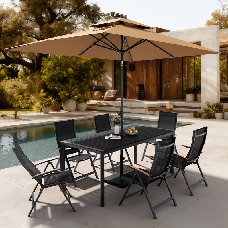 9-Piece Outdoor Patio Dining Set Wood Like Aluminum Umbrella Hole Table with Folding Chairs, Market Umbrella and Base - BlackTable&BlackChairs&TanUmbrella
