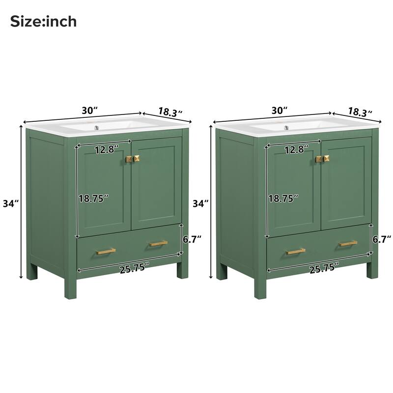60" Green Bathroom Vanity Set with Double Vanities (Separate), Double Ceramic Sinks,Storage Shelf,and Divided Drawers
