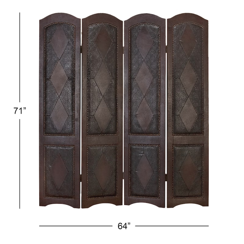 Brown Faux Leather Hinged Foldable Partition 4 Panel Scroll Partition Room Divider Screen with Faux Leather Detailing