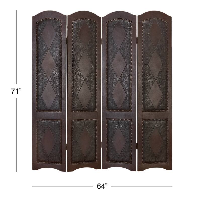 Faux Leather Scroll Hinged Foldable 4 Panel Room Divider Screen with Faux Leather Detailing - Brown - Roche River Decor