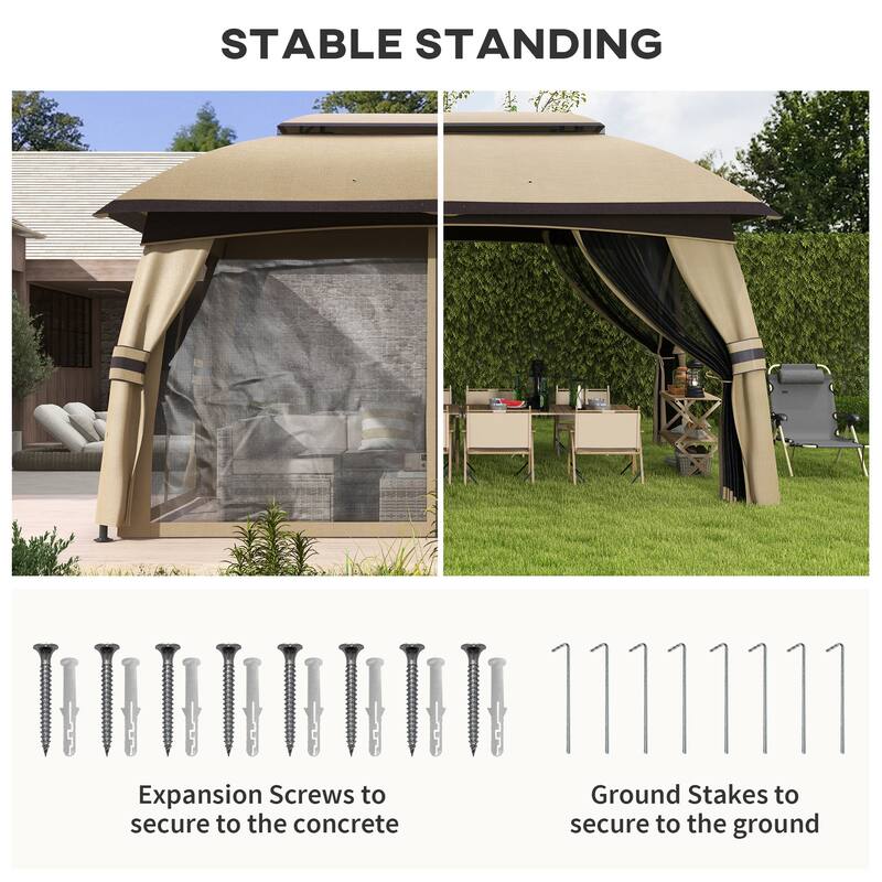 Beige Outdoor Gazebo with Galvanized Steel Frame Polyester Canopy and Insect Netting Two Tier Roof for Garden Patio