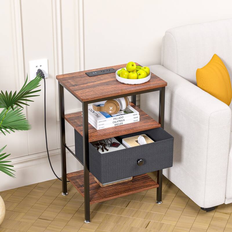 VECELO Nightstand Set with Charging Station 2 AC Outlets & 2 USB Ports 24-Inch High nightstand with Fabric Drawer 2 Open Shelves